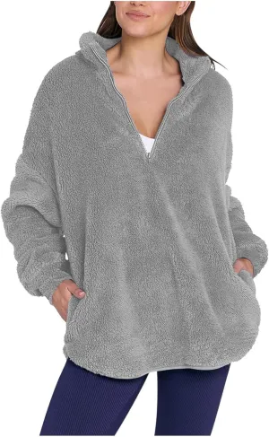 Half Zip Sweatshirt Women Oversized Sherpa Fleece Pullover Fluffy Fuzzy Sweaters Cute Winter Jackets with Pockets