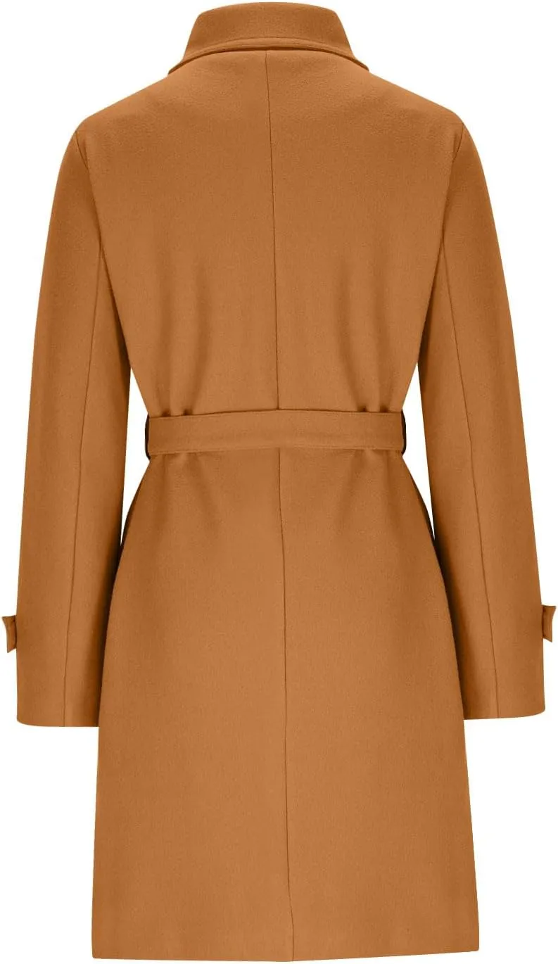 HGps8w Classic Belted Pea Coat for Women Wool Blend Mid-Long Stand Collar Jacket Winter Trench Coat Outerwear with Pockets