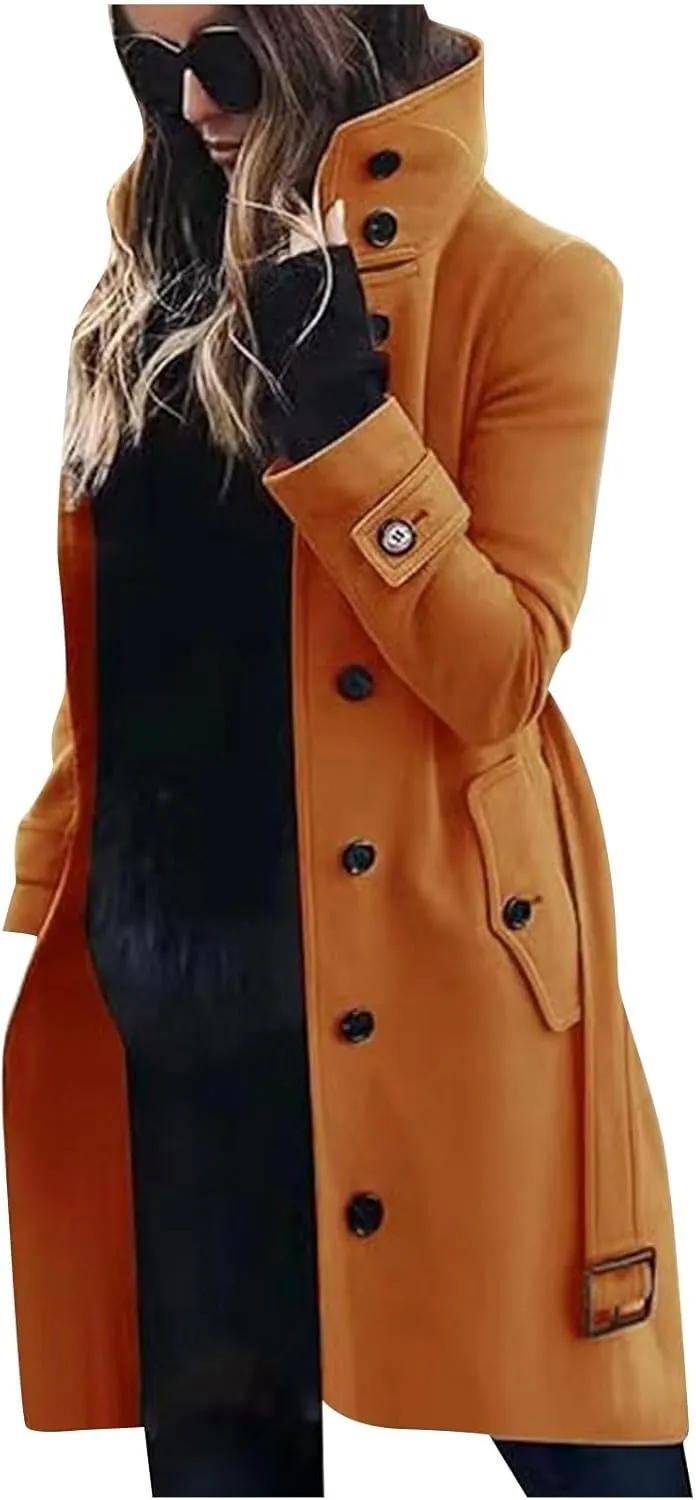 HGps8w Classic Belted Pea Coat for Women Wool Blend Mid-Long Stand Collar Jacket Winter Trench Coat Outerwear with Pockets