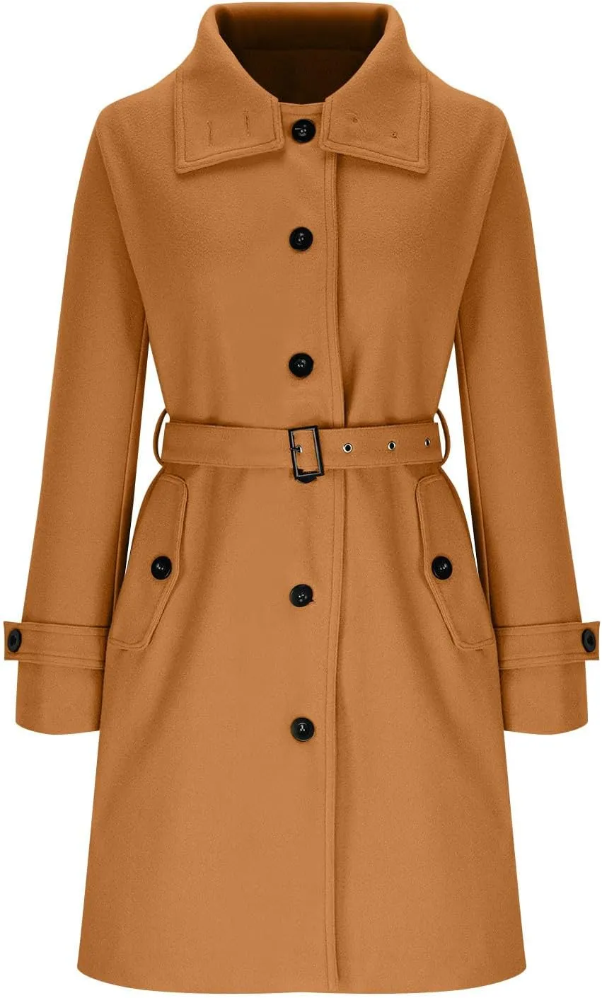 HGps8w Classic Belted Pea Coat for Women Wool Blend Mid-Long Stand Collar Jacket Winter Trench Coat Outerwear with Pockets