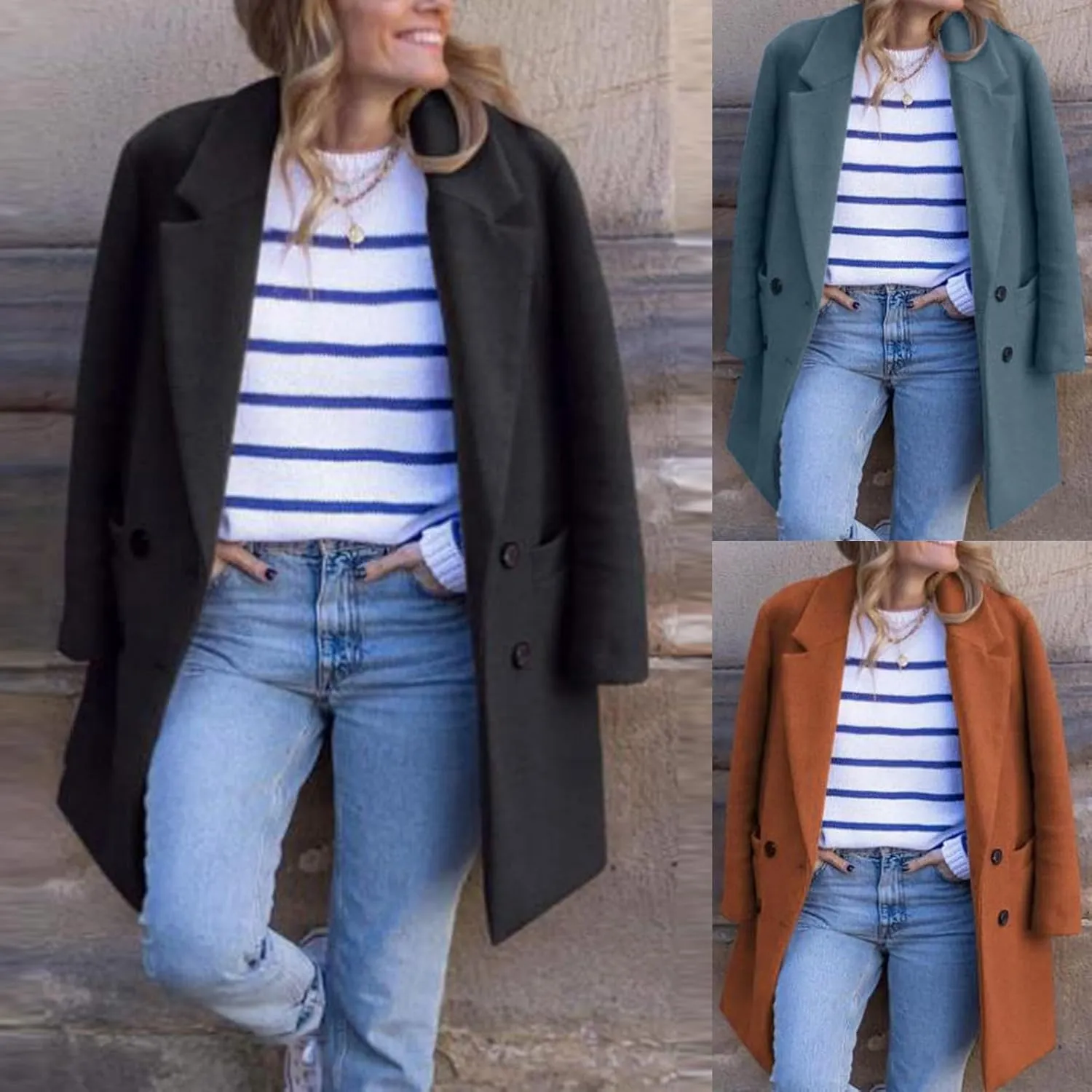 HGps8w Women's Notched Lapel Wool Coats Classic Double-Breasted Winter Wool Blend Peacoat Trench Overcoat with Pockets