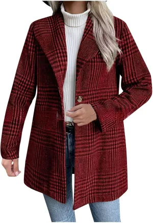 HGps8w Wool Blend Trench Coat for Women Dressy Plaid Blazer Jackets Classic Notch Lapel Winter Suit Pea Coat