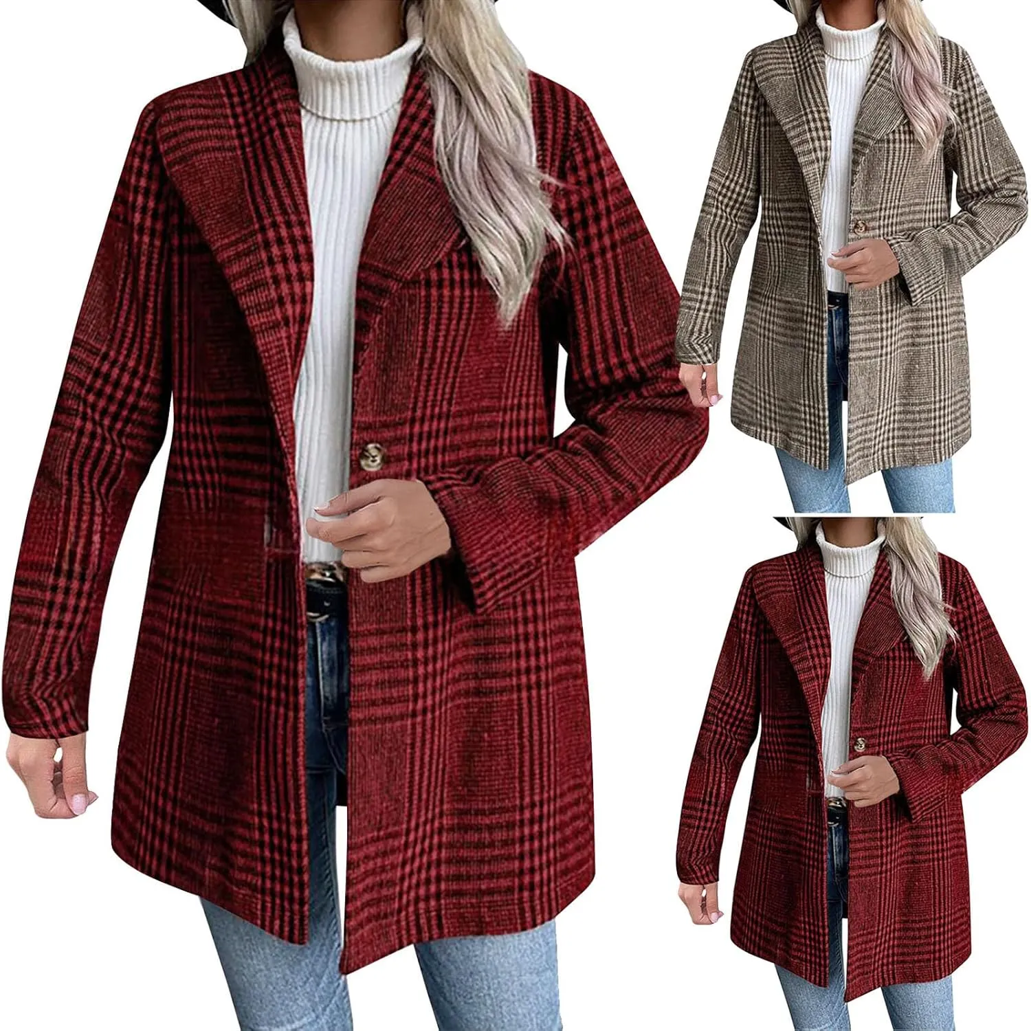 HGps8w Wool Blend Trench Coat for Women Dressy Plaid Blazer Jackets Classic Notch Lapel Winter Suit Pea Coat