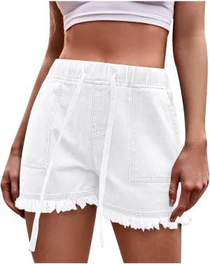 hlysgo Womens Denim Shorts High Waisted Drawstring Baggy Raw Hem Jean Shorts Summer Fringe Tassel Short Jeans with Pockets