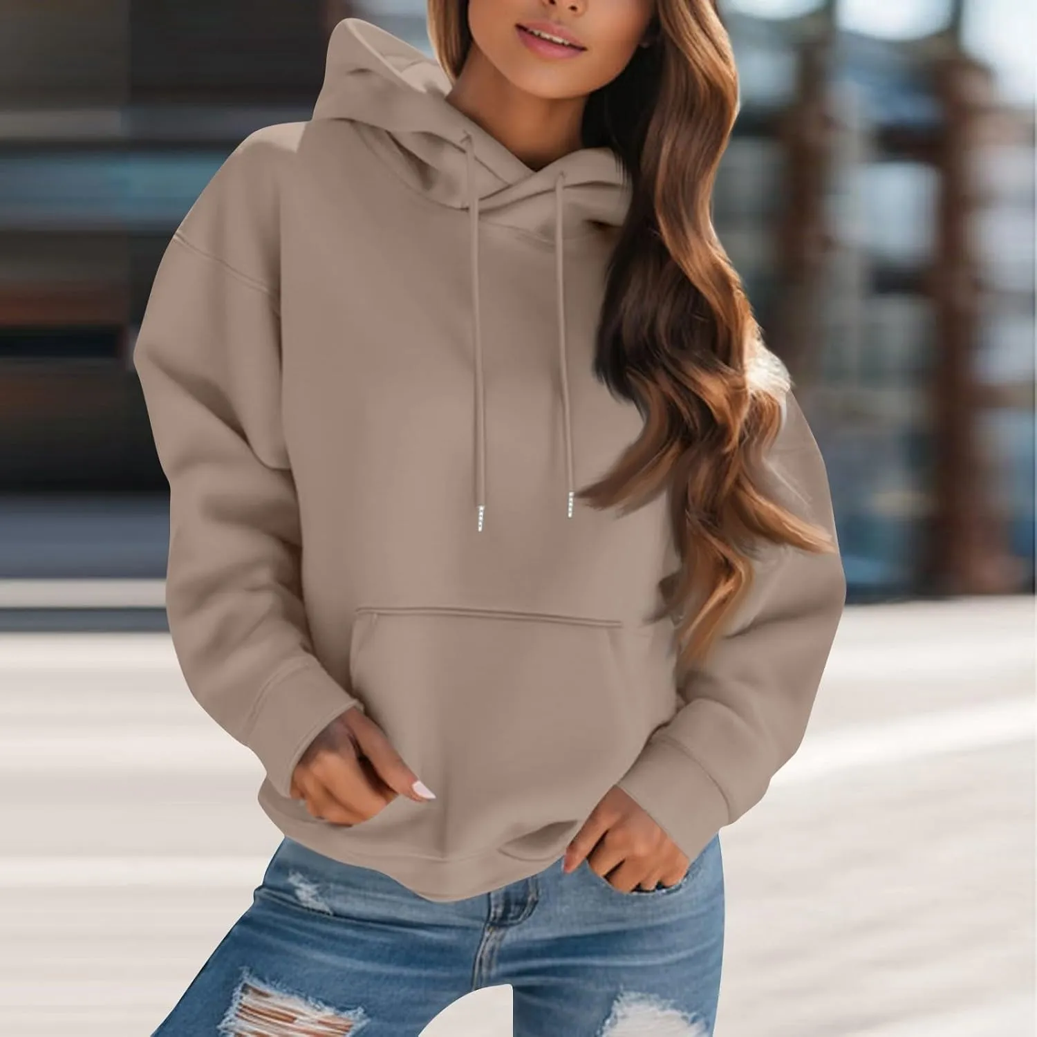 Hooded Sweatshirt Women Y2k Casual Drawstring Fleece Pullover Long Sleeve Oversized Hoodie Fall Fashion Preppy Clothes