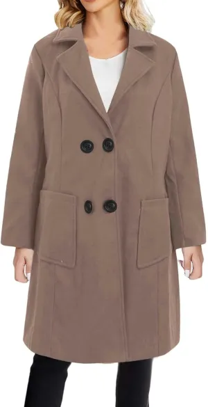 JOAU Women's Basic Wool Blend Pea Coats, Double Breasted Notch Lapel Midi Trench Coat Warm Jackets Overcoat with Pockets