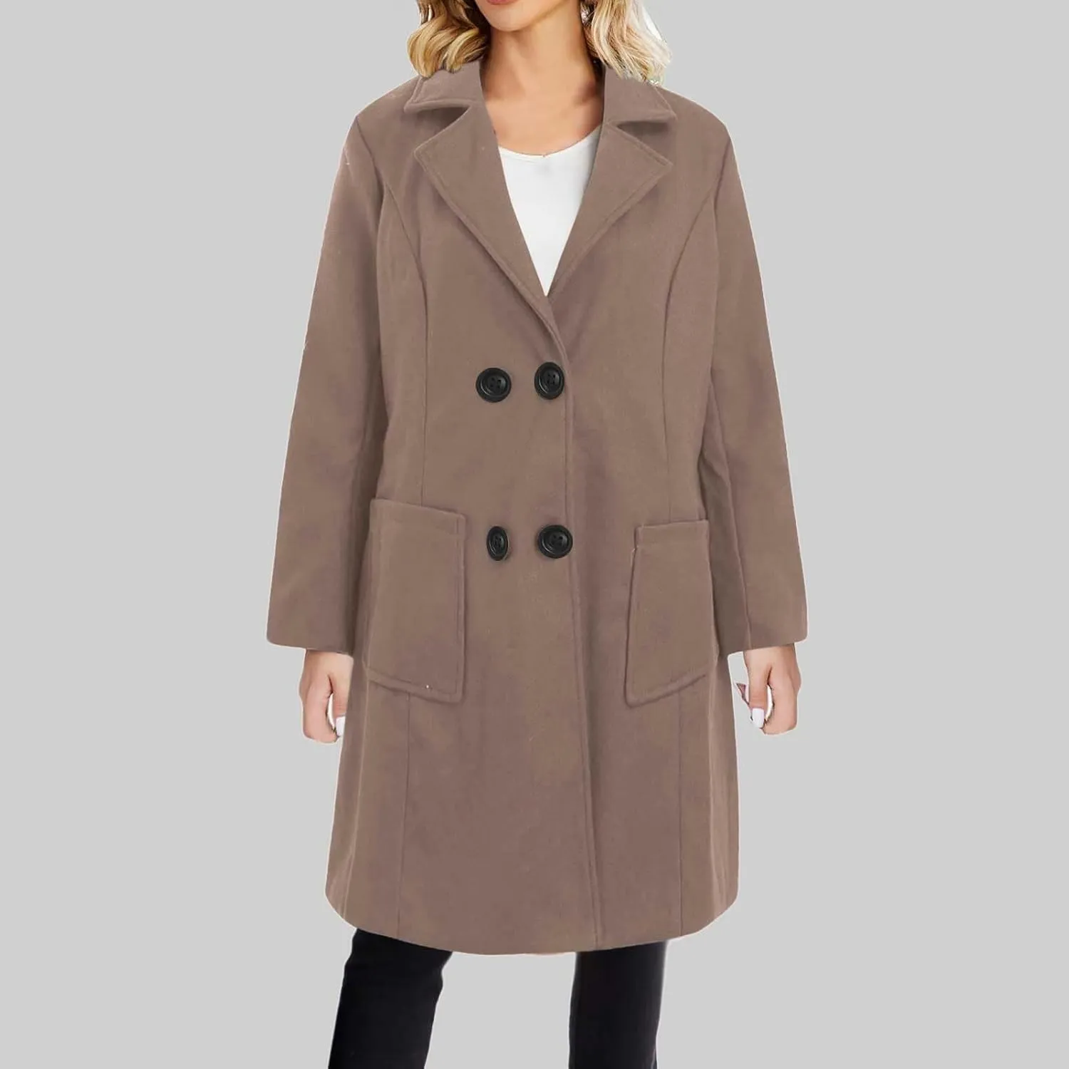 JOAU Women's Basic Wool Blend Pea Coats, Double Breasted Notch Lapel Midi Trench Coat Warm Jackets Overcoat with Pockets