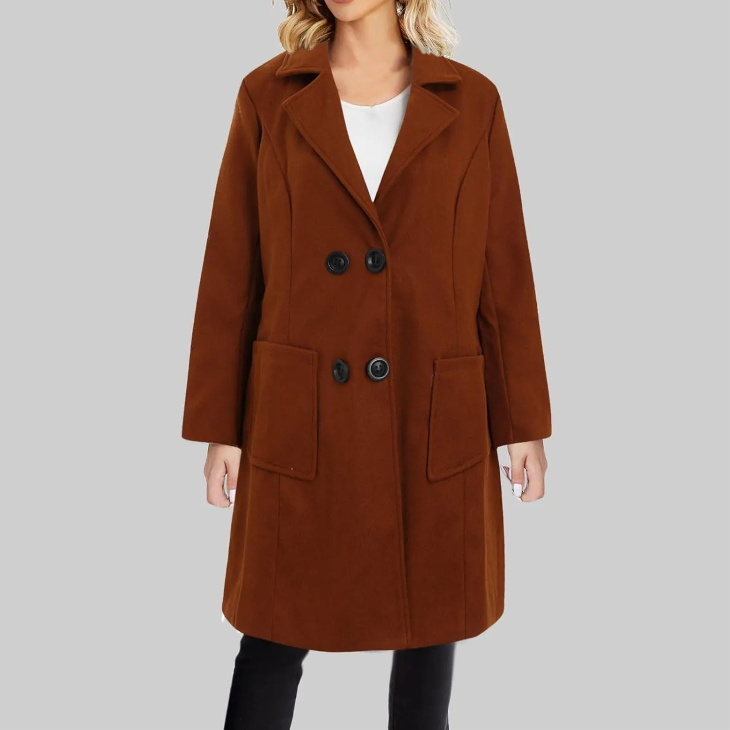 JOAU Women's Basic Wool Blend Pea Coats, Double Breasted Notch Lapel Midi Trench Coat Warm Jackets Overcoat with Pockets