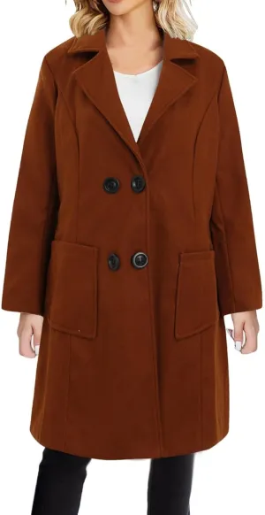 JOAU Women's Basic Wool Blend Pea Coats, Double Breasted Notch Lapel Midi Trench Coat Warm Jackets Overcoat with Pockets