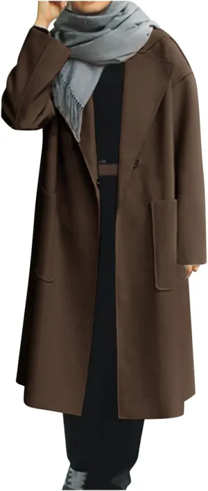 JOAU Women's Notched Lapel Double Breasted Snap Pea Coat Mid-Long Wool Blend Trench Coats with Belt Fashion Pockets Overcoat