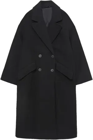 JOAU Women's Winter Wool Blend Mid-Length Peacoat Double Breasted Notched Collar Loose Fit Trench Coat Jackets Overcoat