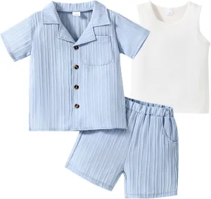 Kid Toddler Boy Clothes Short Sleeve Button-Down Shirt Shorts White Vest Summer Clothing Set 2-12 Years