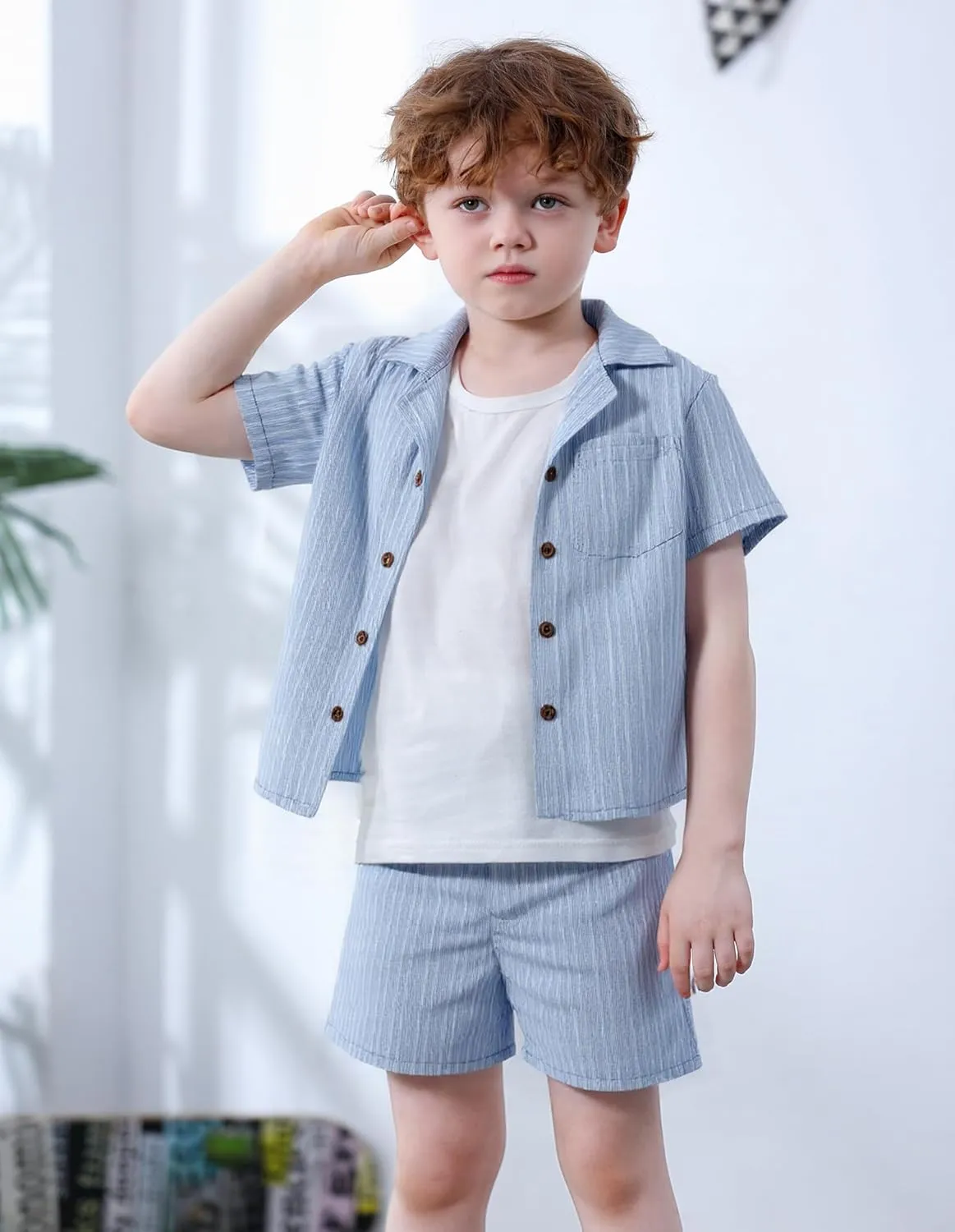 Kid Toddler Boy Clothes Short Sleeve Button-Down Shirt Shorts White Vest Summer Clothing Set 2-12 Years