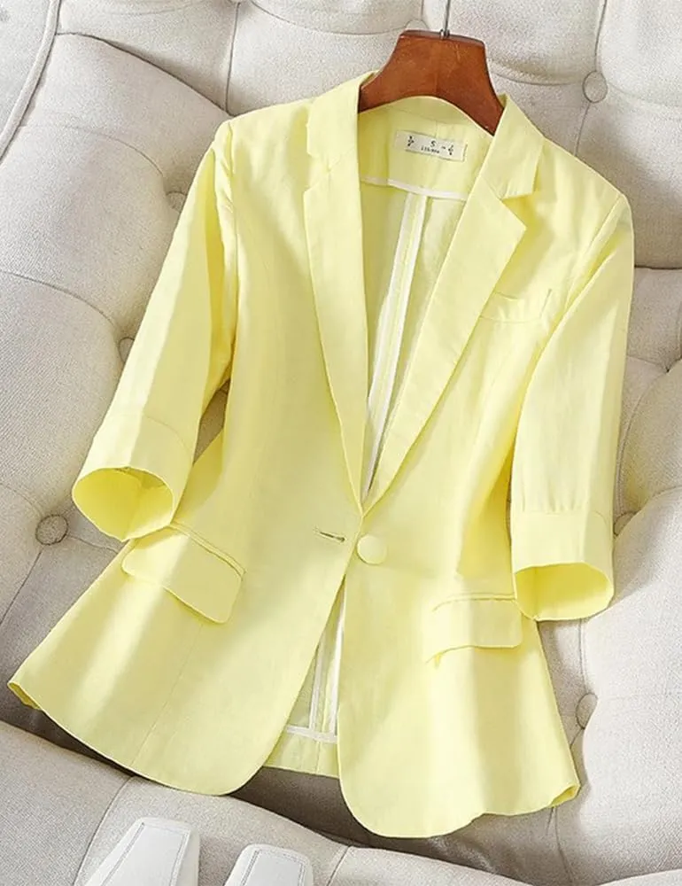 Kinghua Womens Linen Blazer Summer Lightweight Casual One Button Half Sleeve Cotton Linen Blazers Suit Jackets