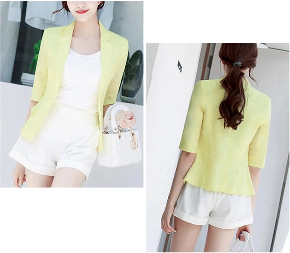 Kinghua Womens Linen Blazer Summer Lightweight Casual One Button Half Sleeve Cotton Linen Blazers Suit Jackets