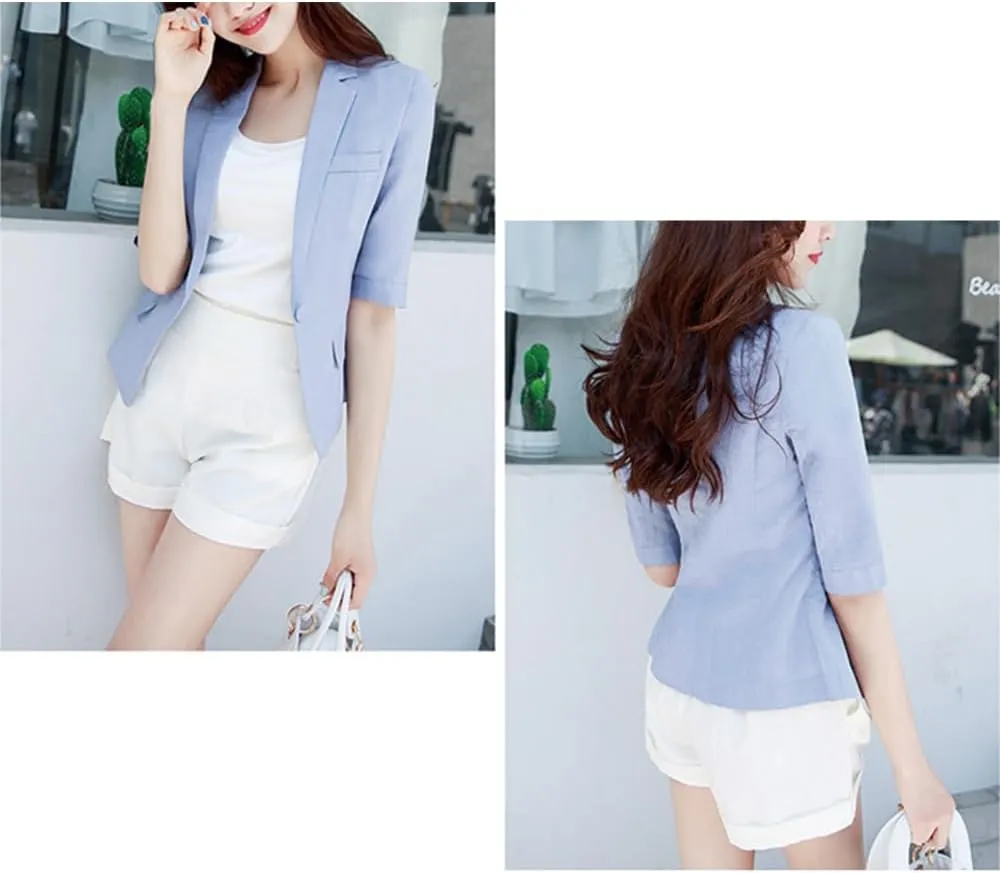 Kinghua Womens Linen Blazer Summer Lightweight Casual One Button Half Sleeve Cotton Linen Blazers Suit Jackets