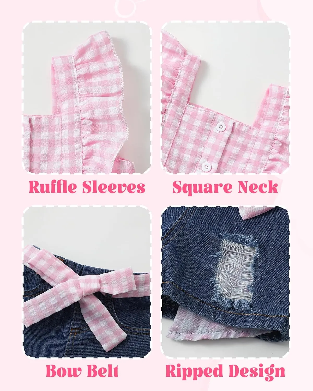 Kucnuzki Baby Girl Clothes Toddler Girl Summer Two Piece Outfit Kids Ruffle Sleeveless Plaid Tops Denim Jeans Shorts Set
