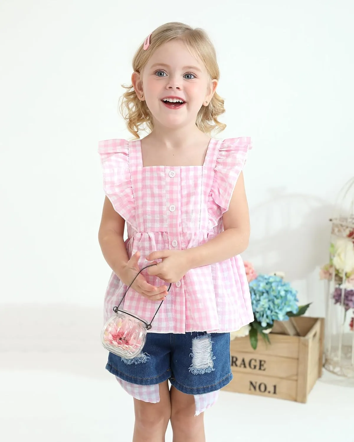 Kucnuzki Baby Girl Clothes Toddler Girl Summer Two Piece Outfit Kids Ruffle Sleeveless Plaid Tops Denim Jeans Shorts Set