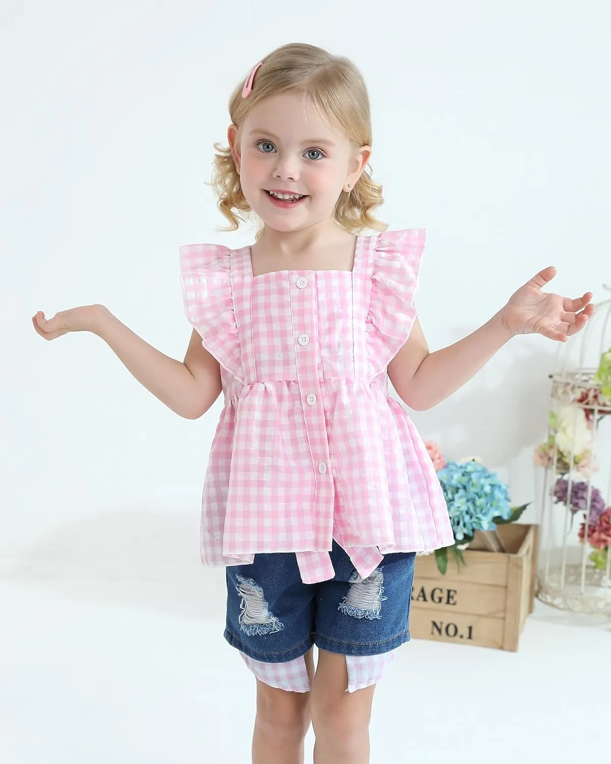 Kucnuzki Baby Girl Clothes Toddler Girl Summer Two Piece Outfit Kids Ruffle Sleeveless Plaid Tops Denim Jeans Shorts Set