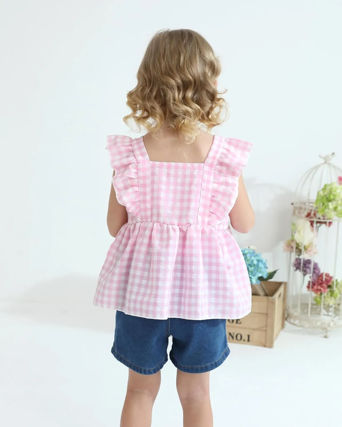 Kucnuzki Baby Girl Clothes Toddler Girl Summer Two Piece Outfit Kids Ruffle Sleeveless Plaid Tops Denim Jeans Shorts Set