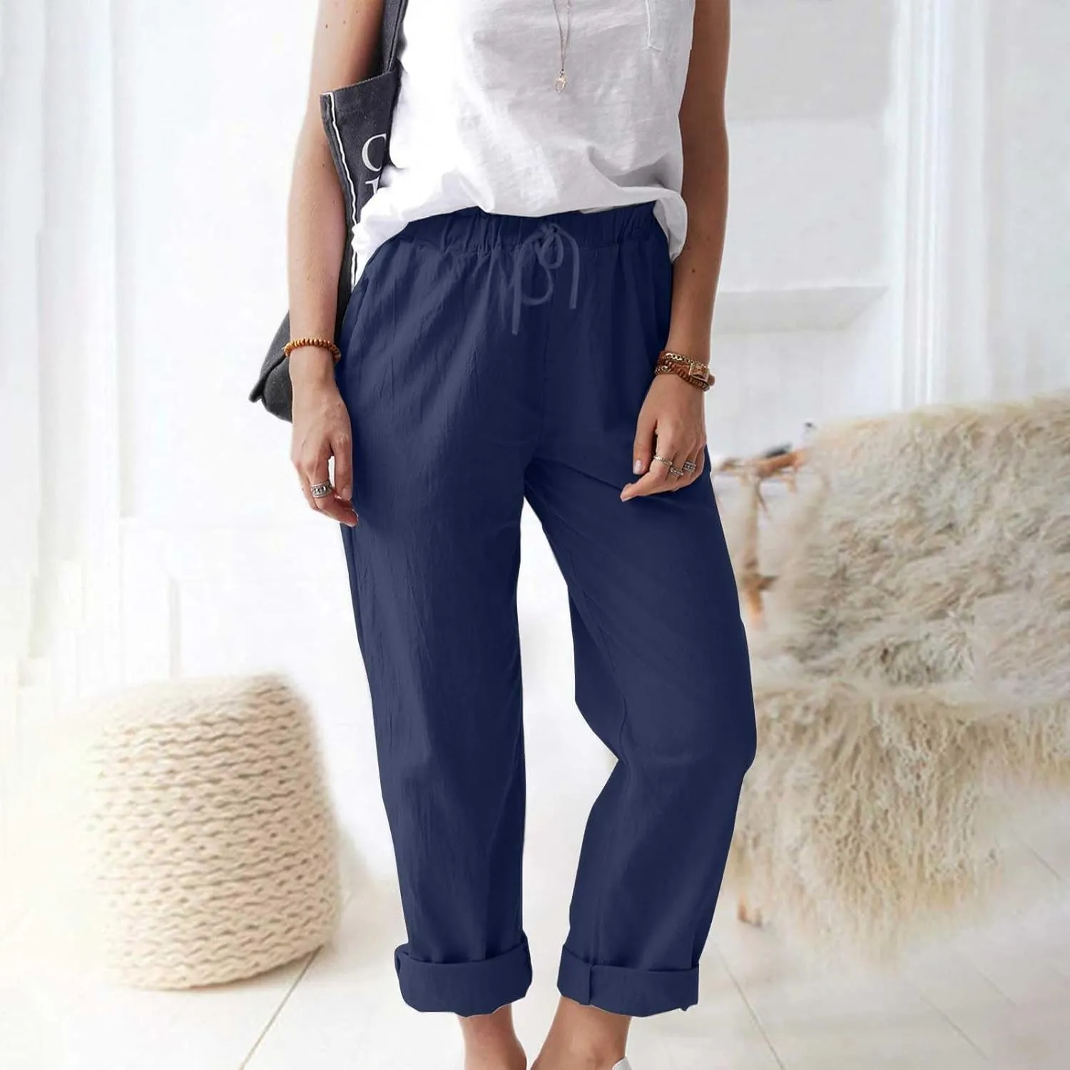 Linen Pants for Women 2025 Straight Wide Leg Lounge Pants Elastic Waist Roll Up Summer Beach Trousers with Pockets