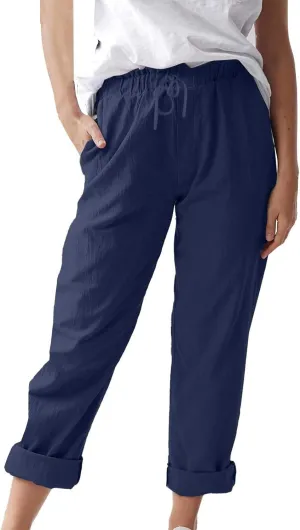 Linen Pants for Women 2025 Straight Wide Leg Lounge Pants Elastic Waist Roll Up Summer Beach Trousers with Pockets