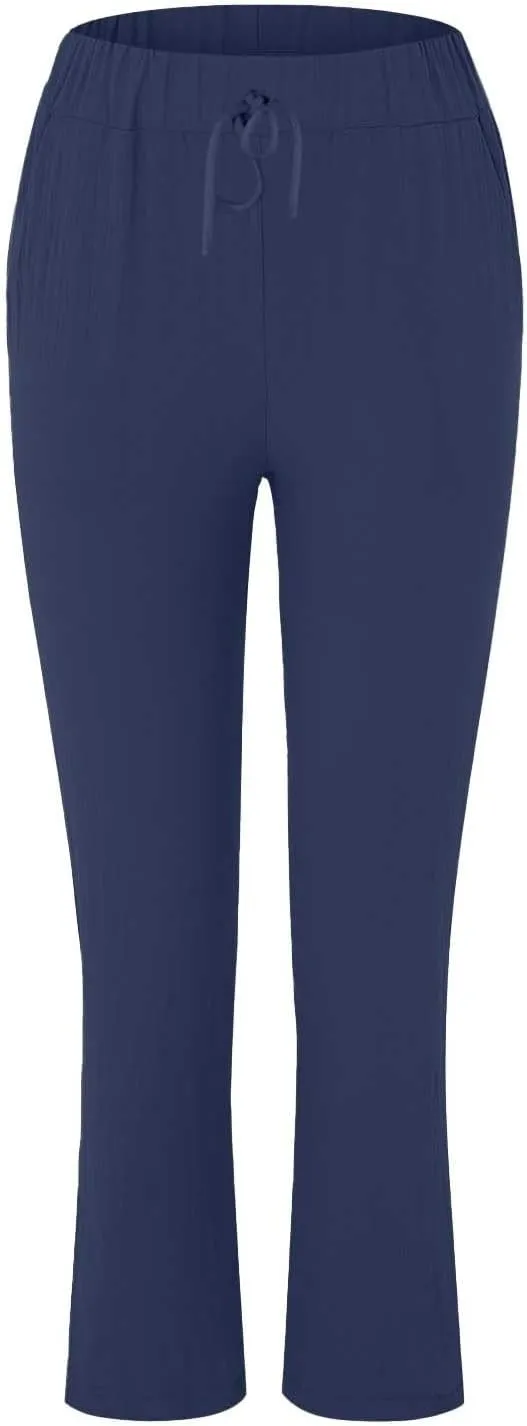 Linen Pants for Women 2025 Straight Wide Leg Lounge Pants Elastic Waist Roll Up Summer Beach Trousers with Pockets