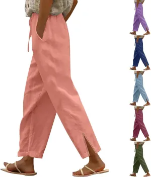 Linen Pants for Women 2025 Summer High Waist Elastic Straight Leg Lounge Pant Casual Loose Split Cuff Beach Trousers