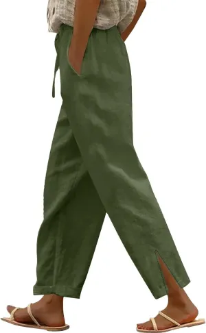 Linen Pants for Women 2025 Summer High Waist Elastic Straight Leg Lounge Pant Casual Loose Split Cuff Beach Trousers