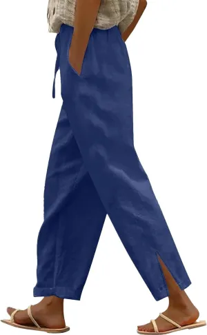 Linen Pants for Women 2025 Summer High Waist Elastic Straight Leg Lounge Pant Casual Loose Split Cuff Beach Trousers