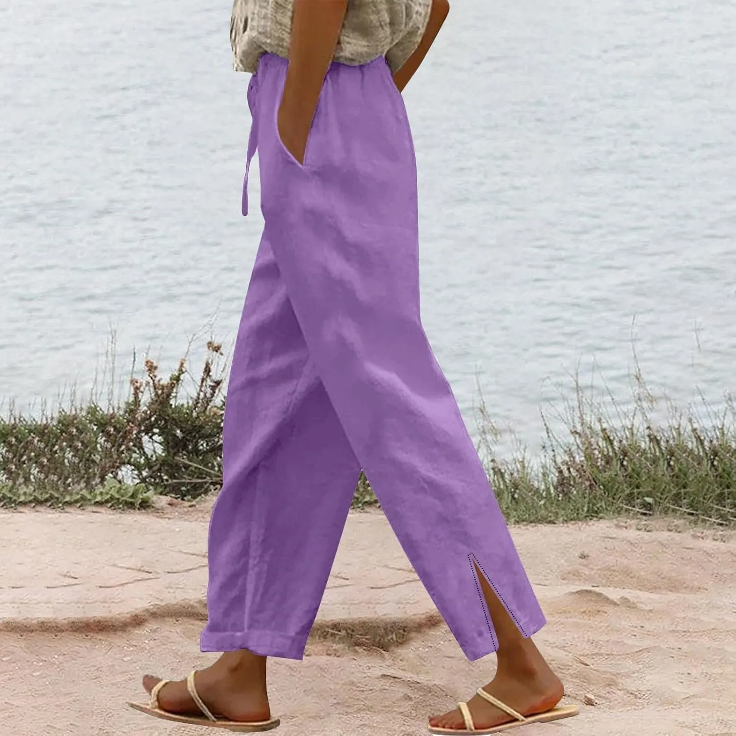 Linen Pants for Women 2025 Summer High Waist Elastic Straight Leg Lounge Pant Casual Loose Split Cuff Beach Trousers