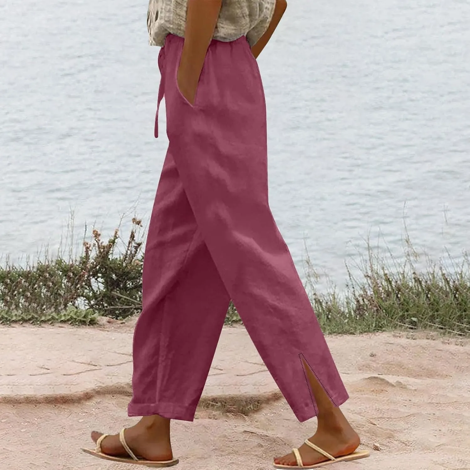 Linen Pants for Women 2025 Summer High Waist Elastic Straight Leg Lounge Pant Casual Loose Split Cuff Beach Trousers