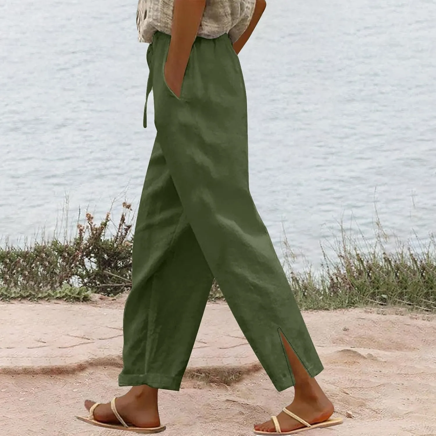 Linen Pants for Women 2025 Summer High Waist Elastic Straight Leg Lounge Pant Casual Loose Split Cuff Beach Trousers