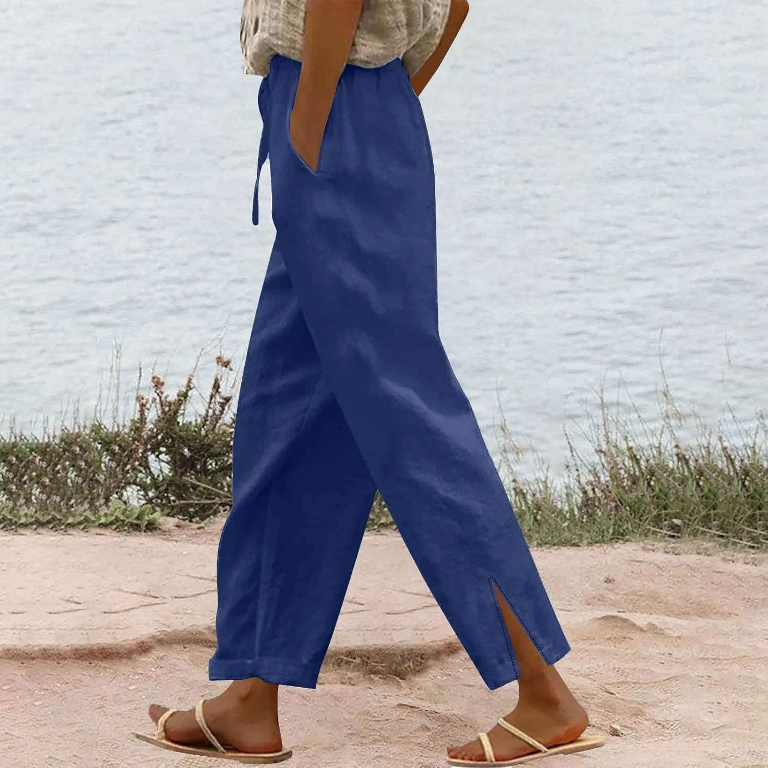 Linen Pants for Women 2025 Summer High Waist Elastic Straight Leg Lounge Pant Casual Loose Split Cuff Beach Trousers