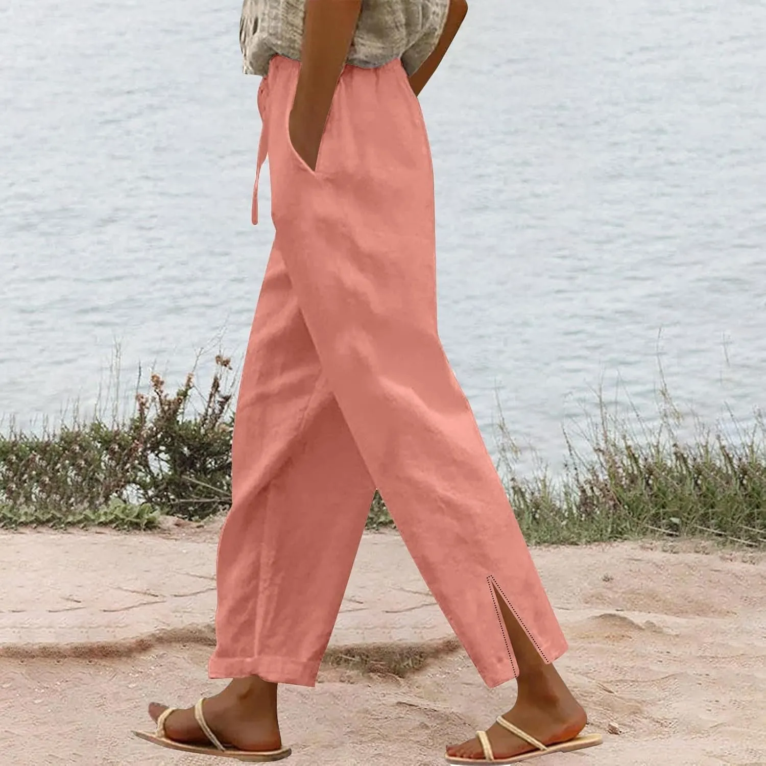 Linen Pants for Women 2025 Summer High Waist Elastic Straight Leg Lounge Pant Casual Loose Split Cuff Beach Trousers