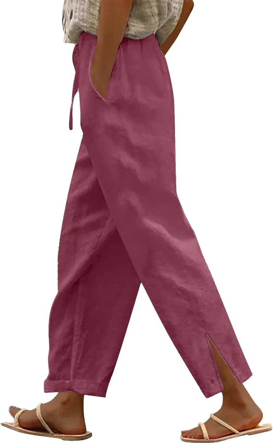 Linen Pants for Women 2025 Summer High Waist Elastic Straight Leg Lounge Pant Casual Loose Split Cuff Beach Trousers