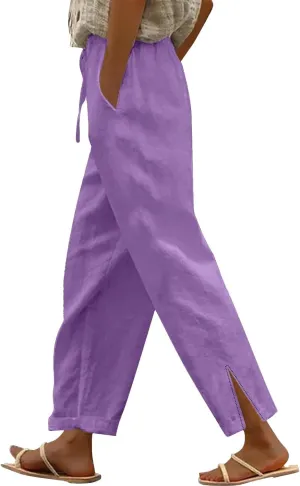 Linen Pants for Women 2025 Summer High Waist Elastic Straight Leg Lounge Pant Casual Loose Split Cuff Beach Trousers