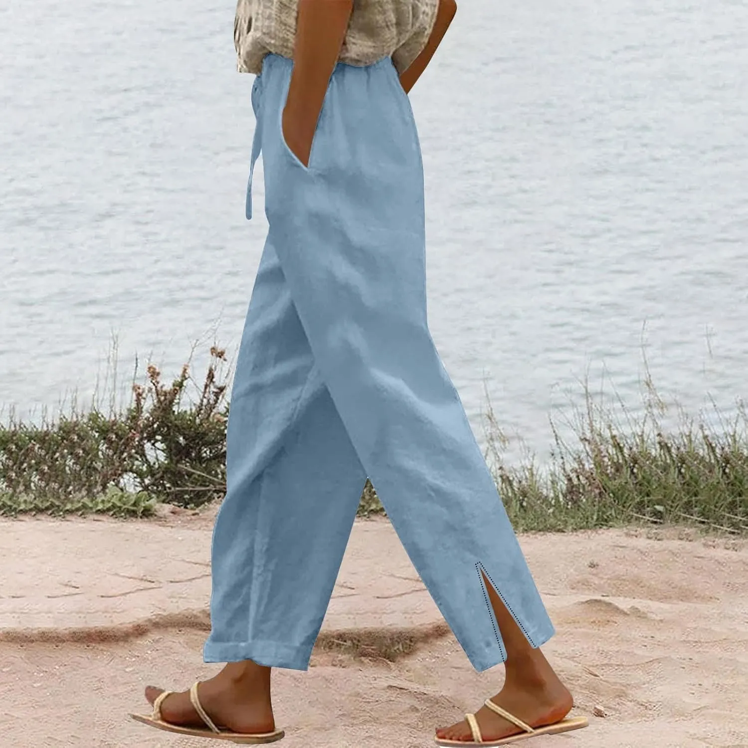 Linen Pants for Women 2025 Summer High Waist Elastic Straight Leg Lounge Pant Casual Loose Split Cuff Beach Trousers