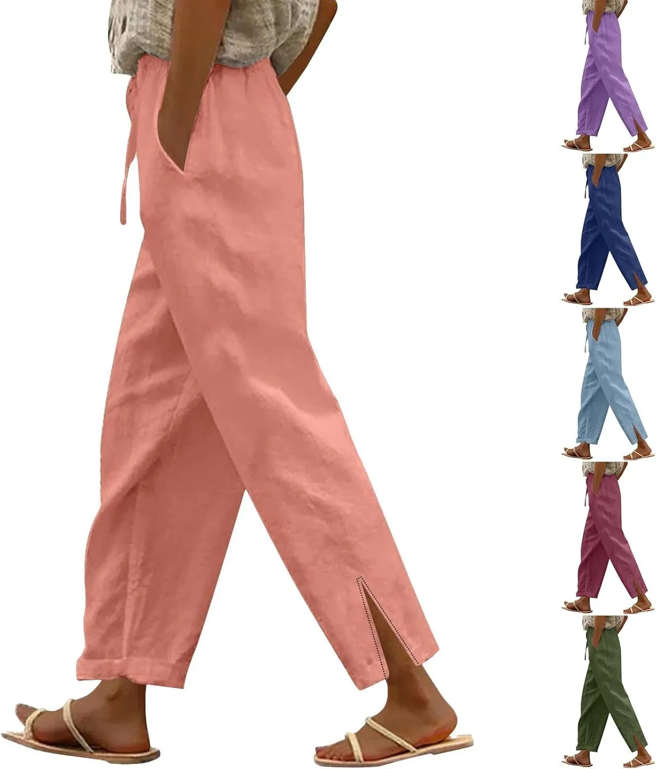 Linen Pants for Women 2025 Summer High Waist Elastic Straight Leg Lounge Pant Casual Loose Split Cuff Beach Trousers