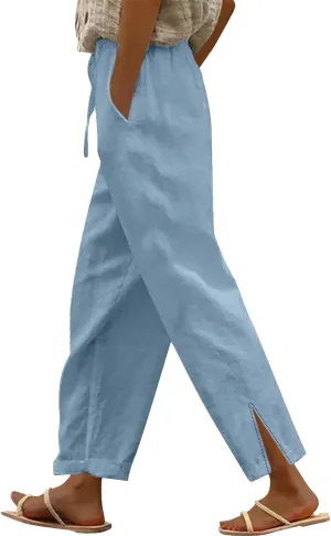 Linen Pants for Women 2025 Summer High Waist Elastic Straight Leg Lounge Pant Casual Loose Split Cuff Beach Trousers