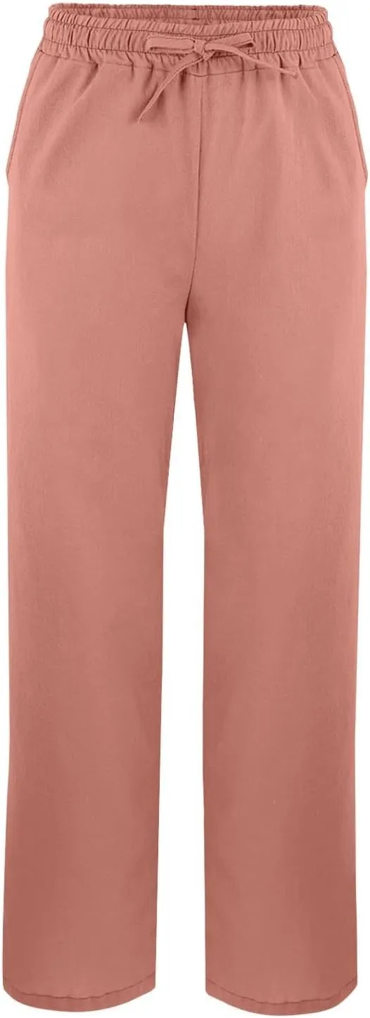 Linen Pants for Women 2025 Summer High Waist Elastic Straight Leg Lounge Pant Casual Loose Split Cuff Beach Trousers