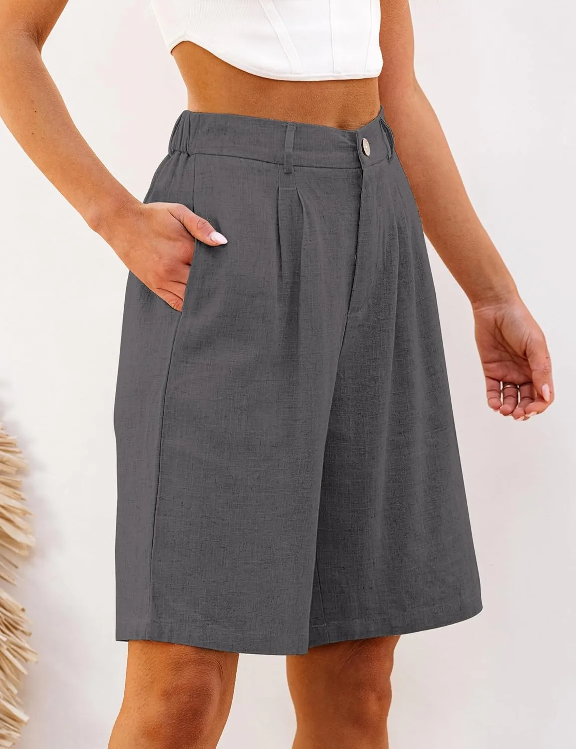 luvamia Bermuda Shorts for Women High Waisted Linen Dressy Casual Pleated Wide Leg Summer Shorts with Elastic Waist
