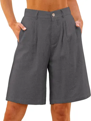 luvamia Bermuda Shorts for Women High Waisted Linen Dressy Casual Pleated Wide Leg Summer Shorts with Elastic Waist