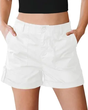 luvamia Shorts for Women High Waisted Dressy Casual Summer Elastic Waist Comfy Rolled Hem Stretch Twill Pocket Shorts