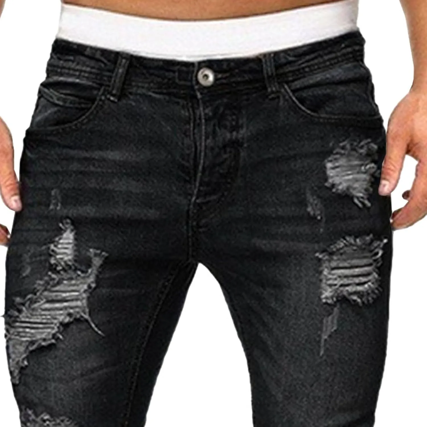 Men Classic Ripped Street Jeans Mid Waist Skinny Denim Trousers with Holes Y2K Comfortable Casual Pencil Pants