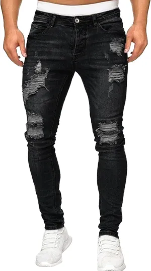 Men Classic Ripped Street Jeans Mid Waist Skinny Denim Trousers with Holes Y2K Comfortable Casual Pencil Pants