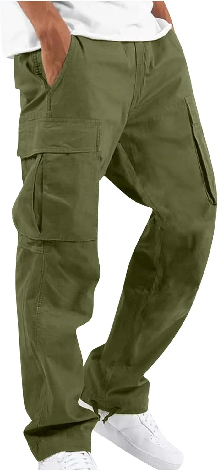 Mens Cargo Pants Drawstring Multi Pockets Lounge Pants Lightweight Hiking Pant Casual Loose Tactical Trousers