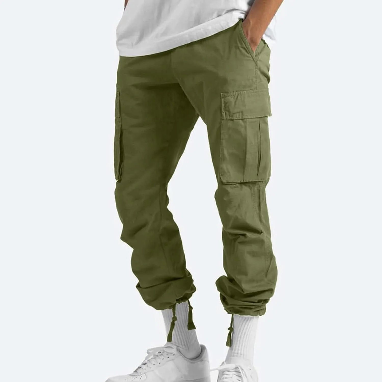 Mens Cargo Pants Drawstring Multi Pockets Lounge Pants Lightweight Hiking Pant Casual Loose Tactical Trousers