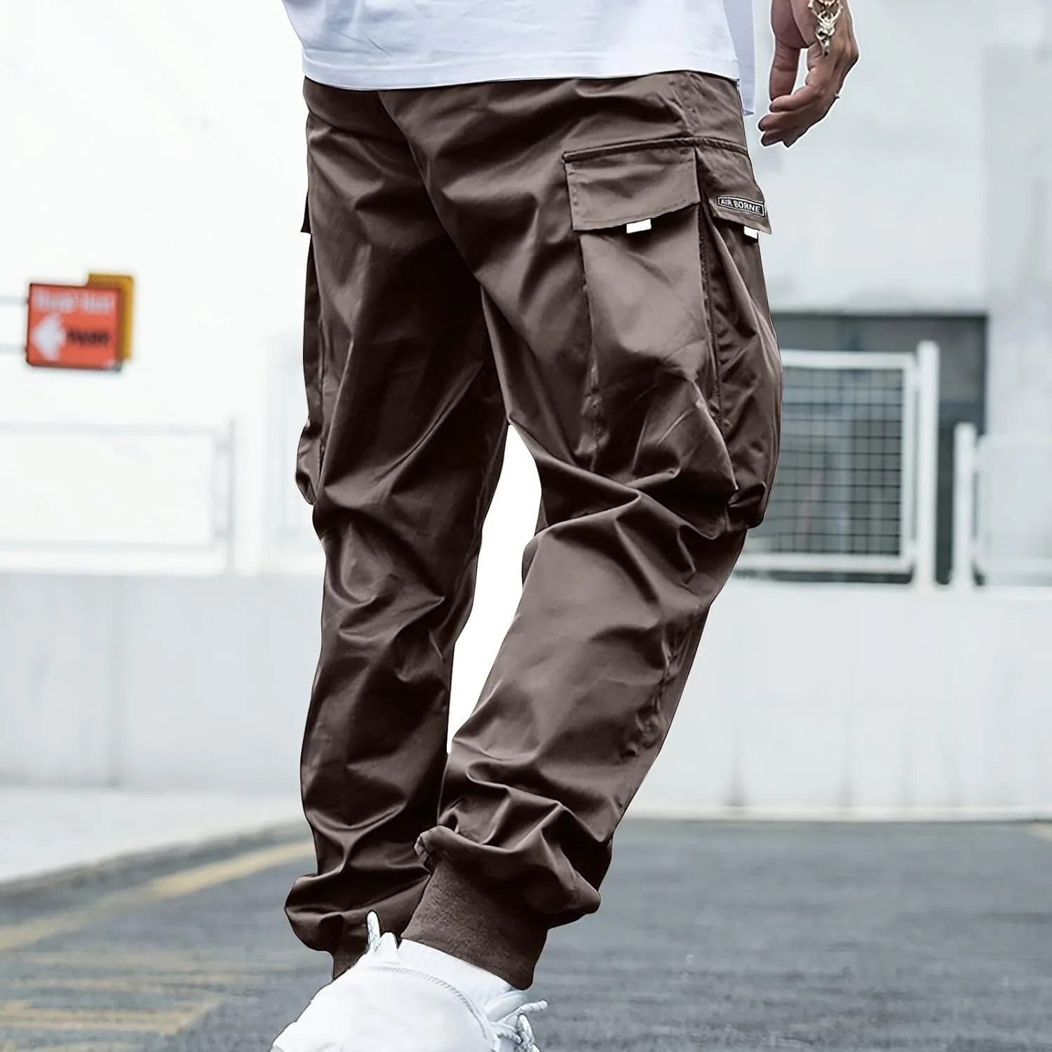 Mens Cargo Pants Stretch Baggy Drawstring Waist Work Hiking Pants Casual Loose Outdoor Pants with Multiple Pockets