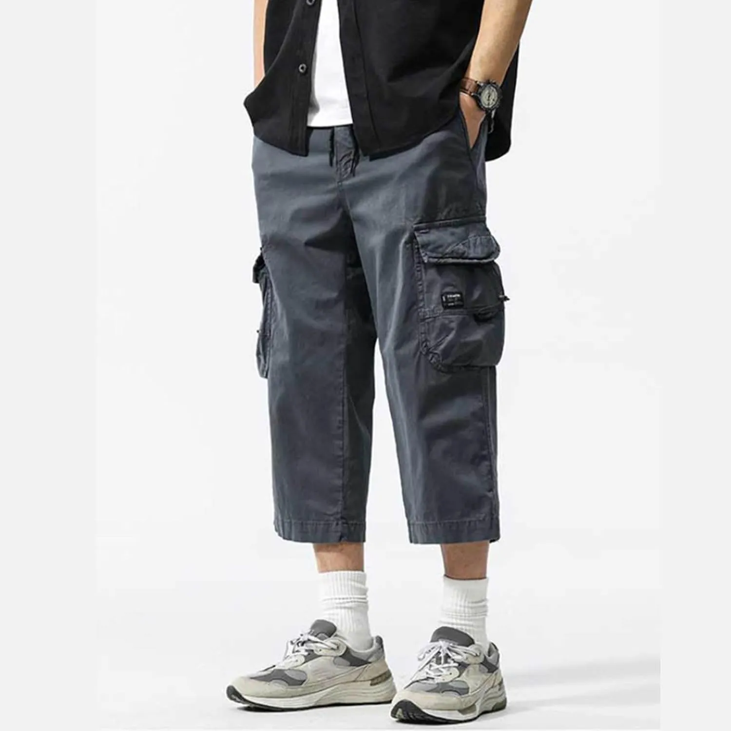 Mens Casual Cargo Capri Pants Loose Fit Below Knee Outdoor Athletic Running Drawstring Short Pants with Multi-Pocket
